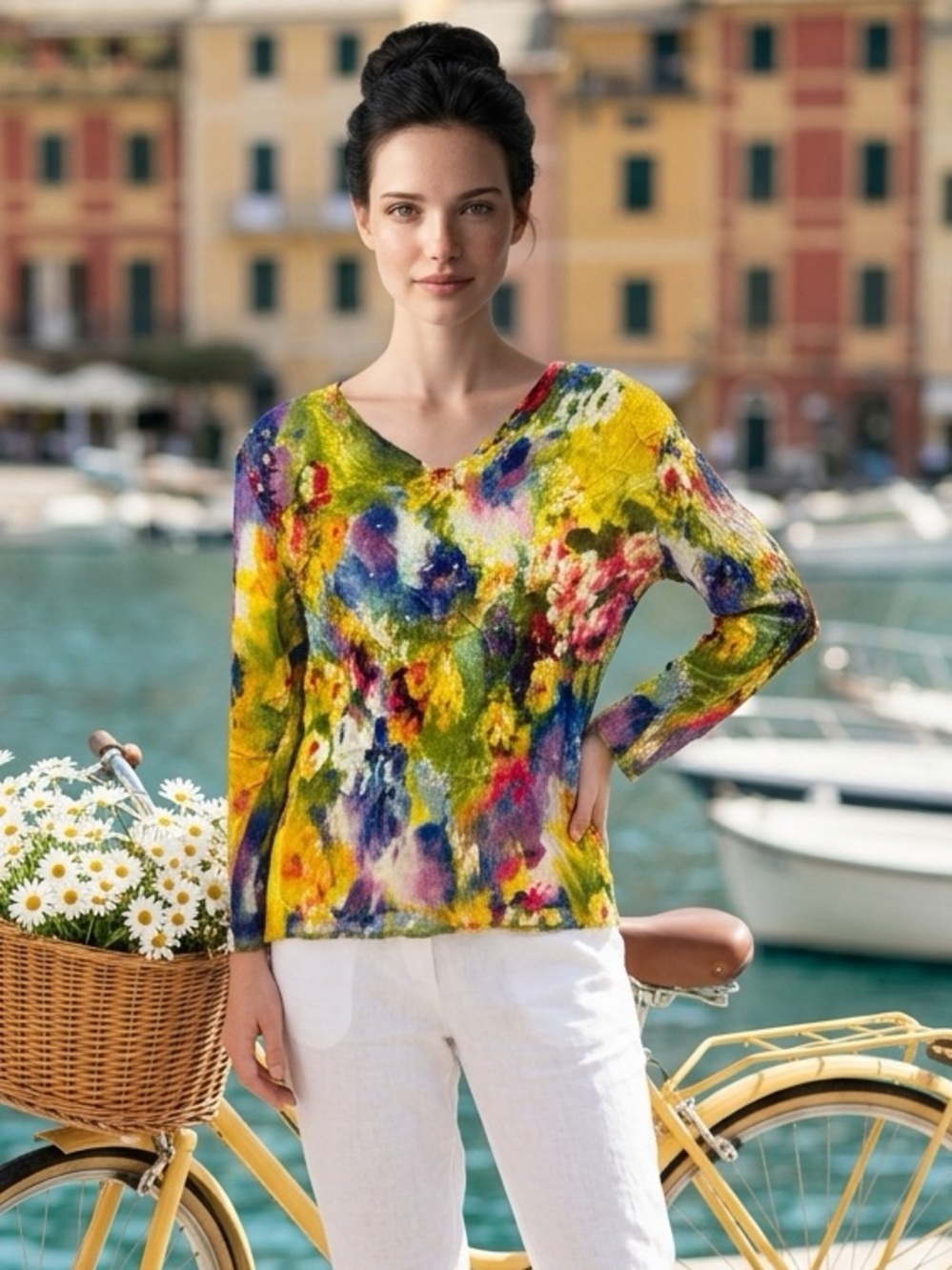 Alberto Makali Womens Spring Floral Top S Textured Multicolor Long Sleeve Blouse